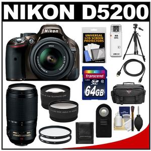 Nikon D5200 Digital SLR Camera & 18-55mm G VR DX AF-S Zoom Lens (Bronze) with 70-300mm VR Lens + 64GB Card + Case + 2 Filters + Tele/Wide Lenses + Tripod Kit
