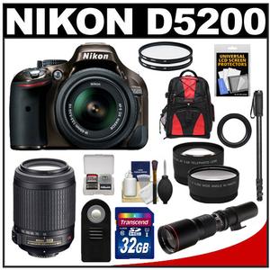 Nikon D5200 Digital SLR Camera & 18-55mm G VR DX AF-S Zoom Lens (Bronze) with 55-200mm VR & 500mm Tele Lens + 32GB Card + Backpack + 2 Lenses + Monopod Kit
