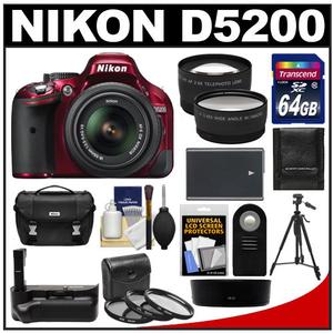 Nikon D5200 Digital SLR Camera & 18-55mm G VR DX AF-S Zoom Lens (Red) with 64GB Card + Case + Battery & Grip + Tripod + Tele/Wide Lenses + Remote + Filters Kit
