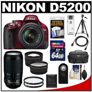 Nikon D5200 Digital SLR Camera & 18-55mm G VR DX AF-S Zoom Lens (Red) with 70-300mm VR Lens + 64GB Card + Case + 2 Filters + Tele/Wide Lenses + Tripod Kit