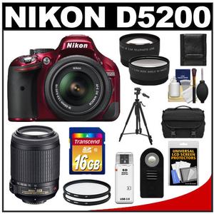 Nikon D5200 Digital SLR Camera & 18-55mm G VR DX AF-S Zoom Lens (Red) with 55-200mm VR Lens + 16GB Card + Case + Filters + Tele/Wide Lens + Tripod + Remote Kit