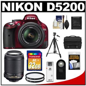 Nikon D5200 Digital SLR Camera & 18-55mm G VR DX AF-S Zoom Lens (Red) with 55-200mm VR Lens + 32GB Card + Case + Filters + Remote + Tripod + Accessory Kit