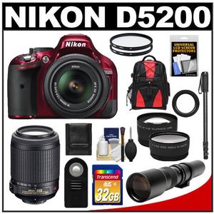 Nikon D5200 Digital SLR Camera & 18-55mm G VR DX AF-S Zoom Lens (Red) with 55-200mm VR & 500mm Tele Lens + 32GB Card + Backpack + 2 Lenses + Monopod Kit