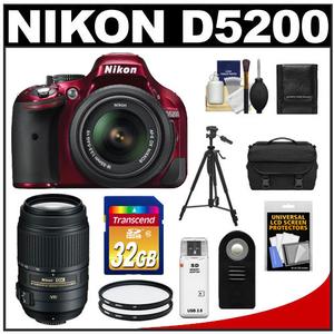 Nikon D5200 Digital SLR Camera & 18-55mm G VR DX AF-S Zoom Lens (Red) with 55-300mm VR Lens + 32GB Card + Case + Filters + Remote + Tripod + Accessory Kit