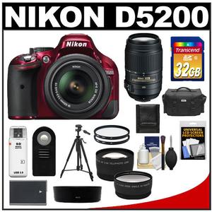 Nikon D5200 Digital SLR Camera & 18-55mm G VR DX AF-S Zoom Lens (Red) with 55-300mm VR Lens + 32GB Card + Battery + Case + Filters + Tele/Wide Lens + Tripod Kit