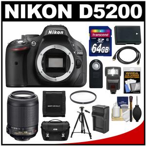 Nikon D5200 Digital SLR Camera Body (Black) with 55-200mm VR Zoom Lens + 64GB Card + Case + Flash + Battery + Tripod Kit