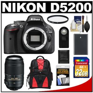 Nikon D5200 Digital SLR Camera Body (Black) with 55-300mm VR Zoom Lens + 32GB Card + Battery + Backpack + Filter + Accessory Kit