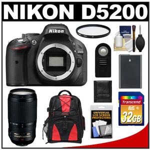 Nikon D5200 Digital SLR Camera Body (Black) with 70-300mm VR Zoom Lens + 32GB Card + Battery + Backpack + Filter + Accessory Kit