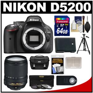Nikon D5200 Digital SLR Camera Body (Black) with 18-140mm VR Lens + 64GB Card + Case + Battery + Tripod + Remote + 3 Filters Kit