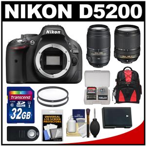 Nikon D5200 Digital SLR Camera Body (Black) with 18-140mm & 55-300mm VR Lens + 32GB Card + Backpack + Battery + Kit