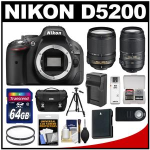 Nikon D5200 Digital SLR Camera Body (Black) with 18-140mm & 55-300mm VR Lens + 64GB Card + Case + Battery/Charger + Tripod + Kit