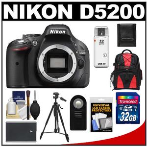 Nikon D5200 Digital SLR Camera Body (Black) - Factory Refurbished with 32GB Card + Battery + Backpack Case + Tripod + Accessory Kit