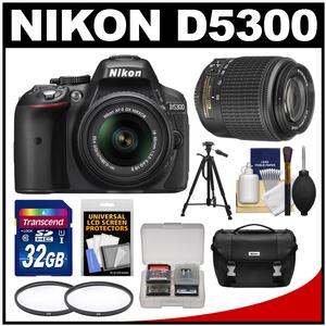 Nikon D5300 Digital SLR Camera & 18-55mm VR DX II AF-S Lens (Black) - Factory Refurbished with 55-200mm DX Zoom Lens + 32GB Card + Case + Tripod + Filters + Kit