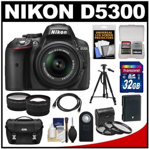 Nikon D5300 Digital SLR Camera & 18-55mm G VR DX II AF-S Zoom Lens (Black) with 32GB Card + Battery + Case + Tripod + Tele/Wide Lens Kit