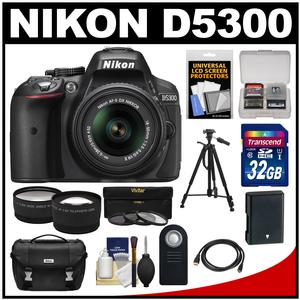 Nikon D5300 Digital SLR Camera & 18-55mm G VR DX II AF-S Zoom Lens (Black) with 32GB Card + Battery + Case + Tripod + Tele\/Wide Lens Kit