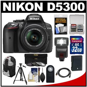Nikon D5300 Digital SLR Camera & 18-55mm G VR DX II AF-S Zoom Lens (Black) with 32GB Card + Battery + Backpack + 3 Filters + Flash + Tripod + Kit