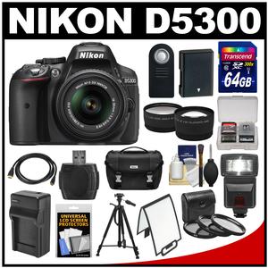 Nikon D5300 Digital SLR Camera & 18-55mm G VR DX II AF-S Zoom Lens (Black) with 64GB Card + Battery + Charger + Case + Tripod + Flash + Tele/Wide Lens Kit