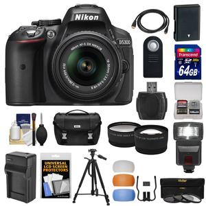 Nikon D5300 Digital SLR Camera & 18-55mm G VR DX II AF-S Zoom Lens (Black) with 64GB Card + Battery + Charger + Case + Tripod + Flash + Tele\/Wide Lens Kit
