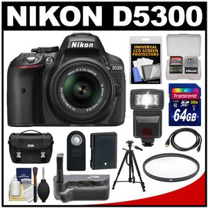 Nikon D5300 Digital SLR Camera & 18-55mm G VR DX II AF-S Zoom Lens (Black) with 64GB Card + Battery + Case + Filter + Grip + Flash + Tripod + Kit