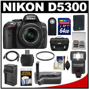 Nikon D5300 Digital SLR Camera & 18-55mm G VR DX II AF-S Zoom Lens (Black) with 64GB Card + Battery + Charger + Case + Grip + Flash + Kit Nikon D5300 Digital SLR Camera & 18-55mm G VR DX II AF-S Zoom Lens (Black) with 64GB Card + Battery + Charger + Case + Grip + Flash + Kit