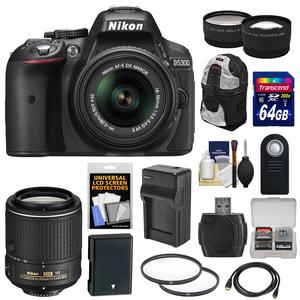 Nikon D5300 Digital SLR Camera & 18-55mm G VR DX II AF-S Zoom Lens (Black) with 55-200mm VR II Lens + 64GB Card + Backpack + Battery & Charger + Tele\/Wide Lens Kit