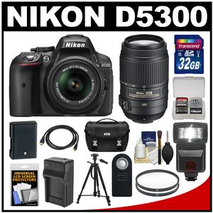 Nikon D5300 Digital SLR Camera & 18-55mm G VR DX II AF-S Zoom Lens (Black) with 55-300mm VR Lens + 32GB Card + Battery & Charger + Case + Flash + Tripod + Kit