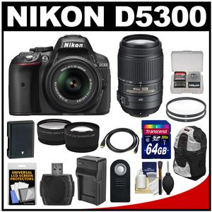 Nikon D5300 Digital SLR Camera & 18-55mm G VR DX II AF-S Zoom Lens (Black) with 55-300mm VR Lens + 64GB Card + Battery & Charger + Backpack + Tele\/Wide Lens Kit