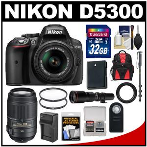Nikon D5300 Digital SLR Camera & 18-55mm G VR DX II AF-S Zoom Lens (Black) with 55-300mm & 500mm Lenses + 32GB Card + Backpack + Battery & Charger + Monopod Kit