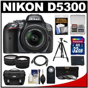Nikon D5300 Digital SLR Camera & 18-55mm G VR DX II AF-S Zoom Lens (Grey) with 32GB Card + Battery + Case + Tripod + Tele\/Wide Lens Kit Nikon D5300 Digital SLR Camera & 18-55mm G VR DX II AF-S Zoom Lens (Grey) with 32GB Card + Battery + Case + Tripod + Tele\/Wide Lens Kit