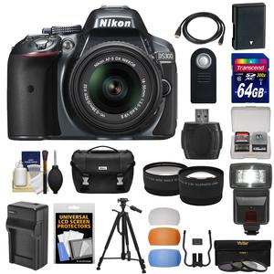 Nikon D5300 Digital SLR Camera & 18-55mm G VR DX II AF-S Zoom Lens (Grey) with 64GB Card + Battery + Charger + Case + Tripod + Flash + Tele\/Wide Lens Kit