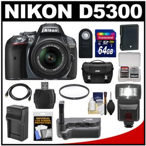 Nikon D5300 Digital SLR Camera & 18-55mm G VR DX II AF-S Zoom Lens (Grey) with 64GB Card + Battery + Charger + Case + Grip + Flash + Kit