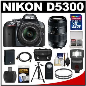 Nikon D5300 Digital SLR Camera & 18-55mm G VR DX II AF-S Zoom Lens (Grey) with 70-300mm Lens + 32GB Card + Battery + Case + Filters + Flash + Tripod + Accessory Kit