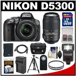 Nikon D5300 Digital SLR Camera & 18-55mm G VR DX II AF-S Zoom Lens (Grey) with 55-300mm VR Lens + 32GB Card + Battery & Charger + Case + Flash + Tripod + Kit