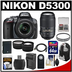 Nikon D5300 Digital SLR Camera & 18-55mm G VR DX II AF-S Zoom Lens (Grey) with 55-300mm VR Lens + 64GB Card + Battery & Charger + Backpack + Tele\/Wide Lens Kit