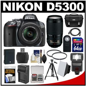 Nikon D5300 Digital SLR Camera & 18-55mm G VR DX II AF-S Zoom Lens (Grey) with 70-300mm VR Lens + 64GB Card + Battery & Charger + Case + Flash + Tripod + Kit
