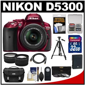 Nikon D5300 Digital SLR Camera & 18-55mm G VR DX II AF-S Zoom Lens (Red) with 32GB Card + Battery + Case + Tripod + Tele\/Wide Lens Kit Nikon D5300 Digital SLR Camera & 18-55mm G VR DX II AF-S Zoom Lens (Red) with 32GB Card + Battery + Case + Tripod + Tele\/Wide Lens Kit