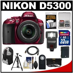 Nikon D5300 Digital SLR Camera & 18-55mm G VR DX II AF-S Zoom Lens (Red) with 32GB Card + Battery + Backpack + 3 Filters + Flash + Tripod + Kit Nikon D5300 Digital SLR Camera & 18-55mm G VR DX II AF-S Zoom Lens (Red) with 32GB Card + Battery + Backpack + 3 Filters + Flash + Tripod + Kit