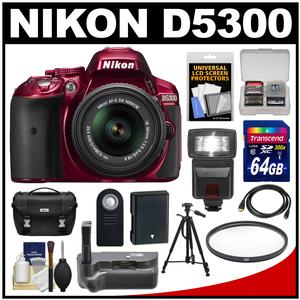 Nikon D5300 Digital SLR Camera & 18-55mm G VR DX II AF-S Zoom Lens (Red) with 64GB Card + Battery + Case + Filter + Grip + Flash + Tripod + Kit Nikon D5300 Digital SLR Camera & 18-55mm G VR DX II AF-S Zoom Lens (Red) with 64GB Card + Battery + Case + Filter + Grip + Flash + Tripod + Kit