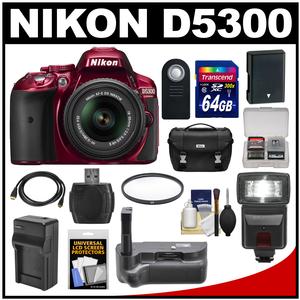 Nikon D5300 Digital SLR Camera & 18-55mm G VR DX II AF-S Zoom Lens (Red) with 64GB Card + Battery + Charger + Case + Grip + Flash + Kit Nikon D5300 Digital SLR Camera & 18-55mm G VR DX II AF-S Zoom Lens (Red) with 64GB Card + Battery + Charger + Case + Grip + Flash + Kit