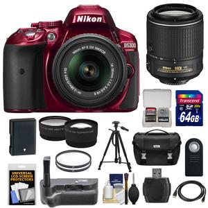 Nikon D5300 Digital SLR Camera & 18-55mm G VR DX II AF-S Zoom Lens (Red) with 55-200mm VR II Lens + 64GB Card + Battery + Case + Grip + Tele\/Wide Lens Kit