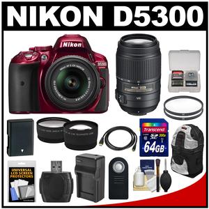 Nikon D5300 Digital SLR Camera & 18-55mm G VR DX II AF-S Zoom Lens (Red) with 55-300mm VR Lens + 64GB Card + Battery & Charger + Backpack + Tele\/Wide Lens Kit Nikon D5300 Digital SLR Camera & 18-55mm G VR DX II AF-S Zoom Lens (Red) with 55-300mm VR Lens + 64GB Card + Battery & Charger + Backpack + Tele\/Wide Lens Kit