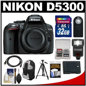 Nikon D5300 Digital SLR Camera Body (Black) with 32GB Card + Backpack + Flash + Battery + Tripod + Remote Kit