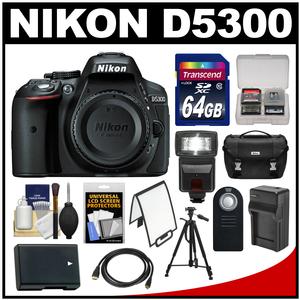 Nikon D5300 Digital SLR Camera Body (Black) with 64GB Card + Case + Flash + Battery & Charger + Tripod Kit