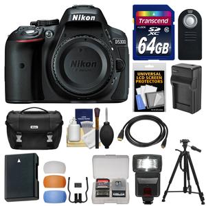 Nikon D5300 Digital SLR Camera Body (Black) with 64GB Card + Case + Flash + Battery & Charger + Tripod Kit