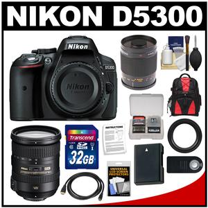 Nikon D5300 Digital SLR Camera Body (Black) with 18-200mm VR II Zoom & 500mm Mirror Lens + 32GB Card + Backpack + Battery Kit
