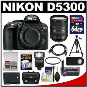 Nikon D5300 Digital SLR Camera Body (Black) with 18-200mm VR II Lens + 64GB Card + Case + Flash + Battery + Tripod Kit