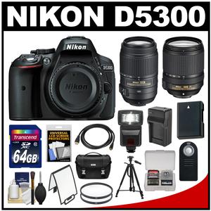 Nikon D5300 Digital SLR Camera Body (Black) with 18-140mm VR & 55-300mm VR Zoom Lens + 64GB Card + Case + Flash Kit
