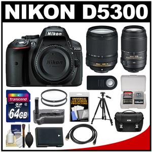 Nikon D5300 Digital SLR Camera Body (Black) with 18-140mm & 55-300mm VR Zoom Lens + 64GB Card + Case + Grip + Battery + Tripod Kit