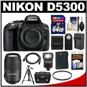 Nikon D5300 Digital SLR Camera Body (Black) with 55-300mm VR Zoom Lens + 64GB Card + Case + Flash + Battery & Charger + Tripod Kit