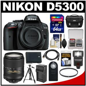 Nikon D5300 Digital SLR Camera Body (Black) with 18-300mm VR Lens + 64GB Card + Case + Flash + Battery/Charger + Tripod Kit